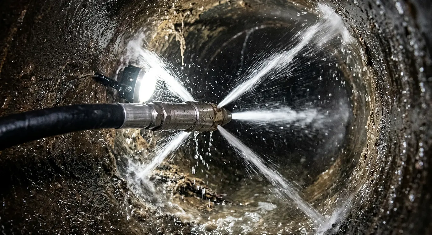 High-pressure hydro jetting nozzle cleaning sewer pipe for Storm Drain Cleaning in Grand Terrace