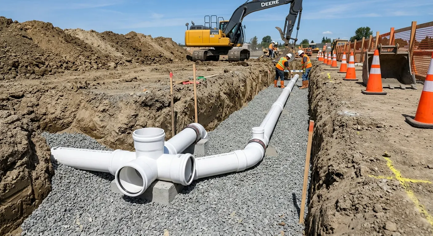 New PVC sewer pipe installation in open trench for Commercial Drain Cleaning in Grand Terrace