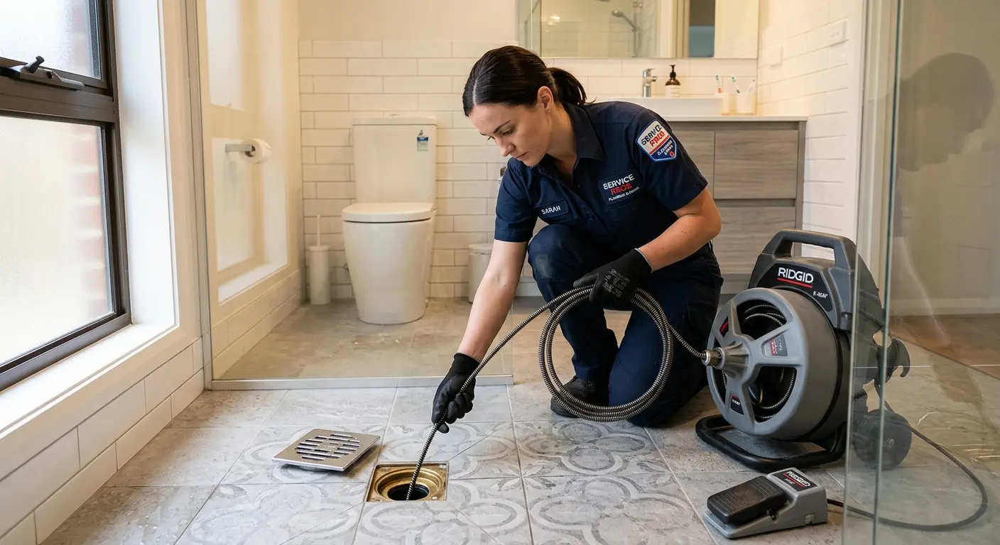 Technician clearing a bathroom floor drain for Drain Cleaning in Grand Terrace